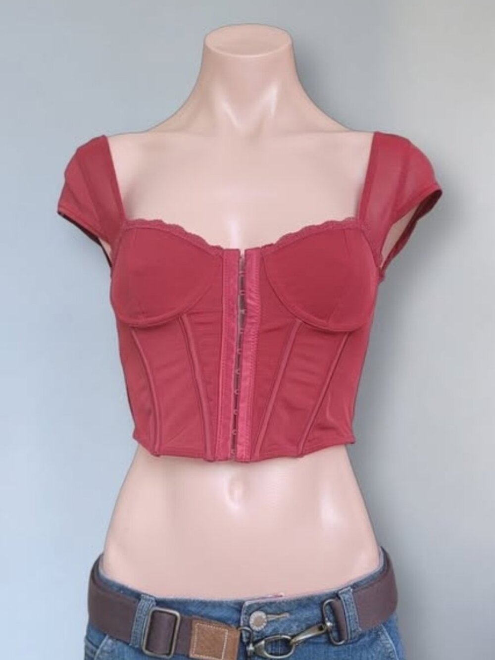 Garage Red Lace Accent Corset Style Cropped Tank Top (OS)